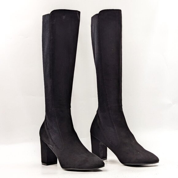 Stuart Weitzman Women Livia Black Suede Block Heel Tall Elastic Boots size 9 - Picture 1 of 11